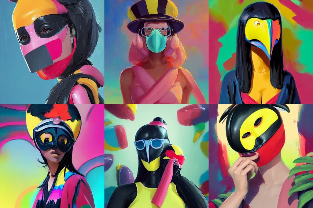 woman wearing toucan mask, refractive, by tsuaii and greg rutkowski, android parts, art by greg rutkowski and artgerm and moebius, depth effect, seifuku, impasto oil painting thick brushstrokes by Cy Twombly and Elaine De Kooning, evening gown, in style of noir illustration. colorful comic, neon background lighting, dynamic camera angle, smoking a cigarette. volumetric lighting. By Greg Rutkowski, baroque dress, by caspar friedrich, art by artgerm and greg rutkowski and raphael lacoste and magali villeneuve