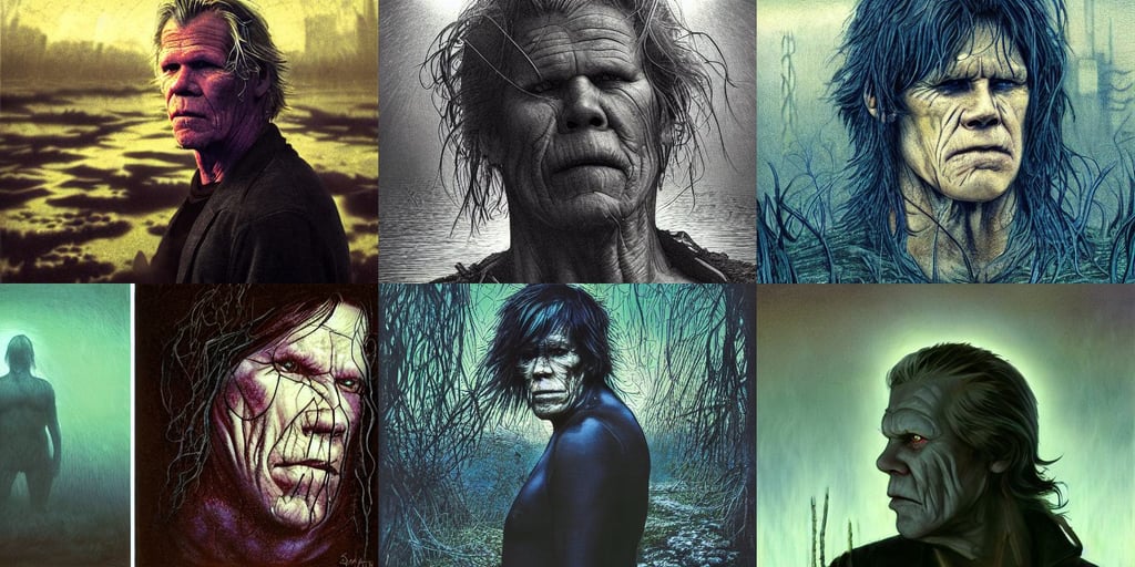 swamp with nick nolte as a rotten stem at dusk, megacity background, by Kelly Sue Deconnick, by gustave dore and stephen hickman and allen williams, short blue hair, minimalistic, photographic print, divine goddess, starry night sky, rogue thief, depth of field background, foggy volumetric light morning, very long black hair, hairy chest and hairy body, horror in the style of stephen king, sharp high quality artwork in style of wayne reynolds, 1 9 9 0 - 2 0 0 0, five fingers, dnd style