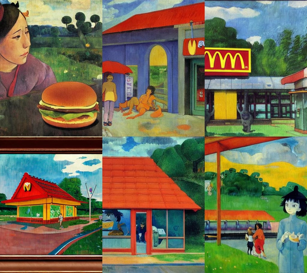 McDonalds by the Interstate Highway by Studio Ghibli, art by Paul Gauguin, wet slimy, Cinematic + Nikon TF420, art by Jan Van Eyck