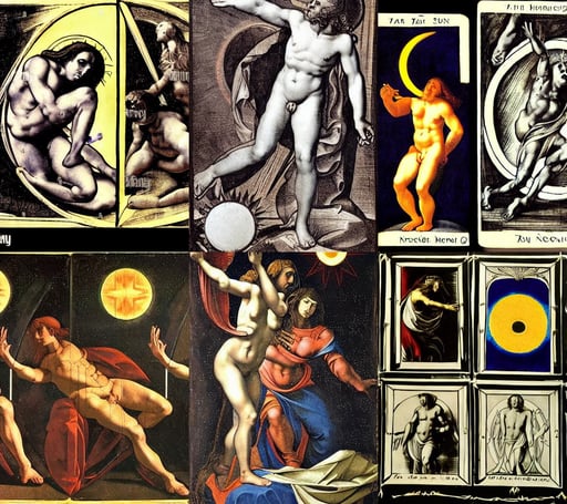 tarot card of Sun and moon, art by Nicolas Poussin, surprised and shocked expression, whirlwind, art by Michelangelo Buonarroti, art by Giotto Di Bondone, HR Giger style Da Vinci sketches black and white, art by Michelangelo Merisi Da Caravaggio