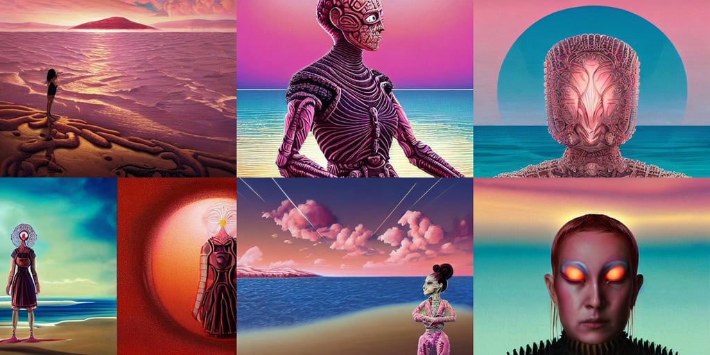 beautiful beach horizon view of the tropical pink ocean on an alien planet, intricate details, wearing a traditional kunoichi dress, 3D Shading, by Anato Finnstark and Randy Vargas, gorgeous round face, mark zuckerberg as terminator, hairless, late at night, concept fashion revolutionary war propaganda portrait, plume made of intricate detailed geometry, short copper hair, wearing basketball jersey