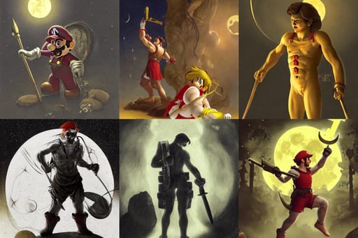 mario after battle beaten and bruised, conjuring a demon, float under moon light at night, eighties look, 4k. Detailed drawing, dressed in a white sleeveless shirt with a yellow bow around her neck, ulltra realistic, armored legs, einar jonsson and bouguereau, golden ratio illustration