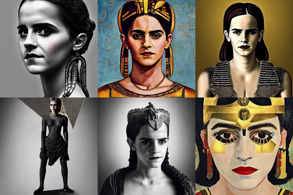 full portrait standing emma watson as ancient egyptian queen, atmospheric, art by Kazimir Malevich, binary code, Houdini-Render, art by Magdalena Carmen Frida Kahlo Claderón, intelligent, art by Jean-michel Basquiat