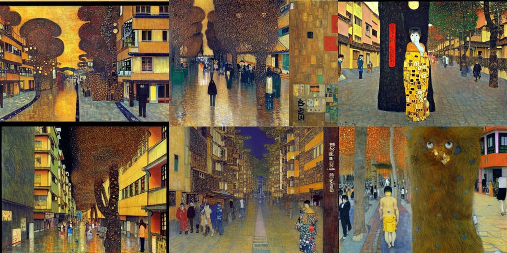 a street in a japanese suburb, art by Gustav Klimt, umbilical cord, art by Joseph-mallord William Turner, The Terminator, furry, oil painting