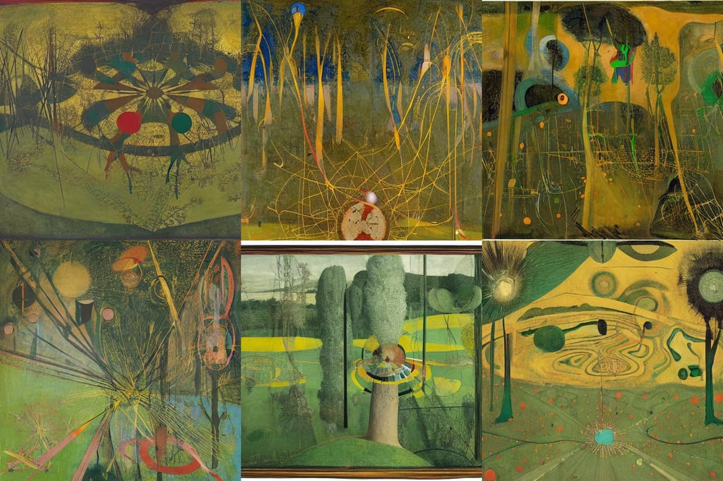 a mustard river meanders through a lush green field, art by Leonardo Da Vinci, portrait of a an astronaut, De-Noise, art by Hilma Af Klint, freckles, black grass, art by Jean-michel Basquiat, trees, art by Paolo Uccello, cinematic, view inside a distorted asymmetrical kaleidoscope, art by Francis Bacon, art by Pablo Picasso, art by Claude Monet, cinematography, art by Jan Van Eyck, hyper detailed, art by William Blake, full hd render +4k UHD + immense detail + dramatic ligthning + black and purple, art by Claude Monet