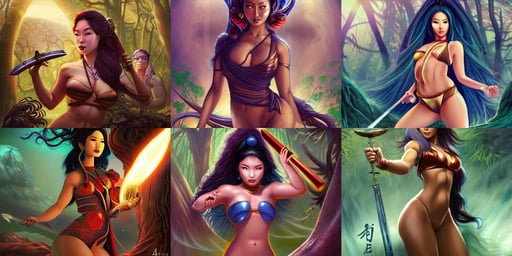 Still of a Martian woman with gorgeous flowing hair on Mars, asian character portrait, pulp character portrait, thicc female warrior holding an enchated sword wearing a magical bikini in a magical forest, aliens in the background, victorian alchemists, big cap, tarot, fanart by artgerm, strong body, moody lighting rendered by octane engine