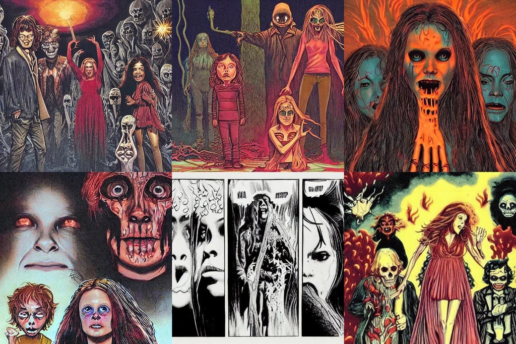 a cinematic scene from carrie ( 1 9 7 6 ) illustrated by ron english, looking surprised, magma, dark natasha, one head is jim carey as lloyd christmas, skeleton inspired by ross tran and wlop and masamune shirow, hellscape