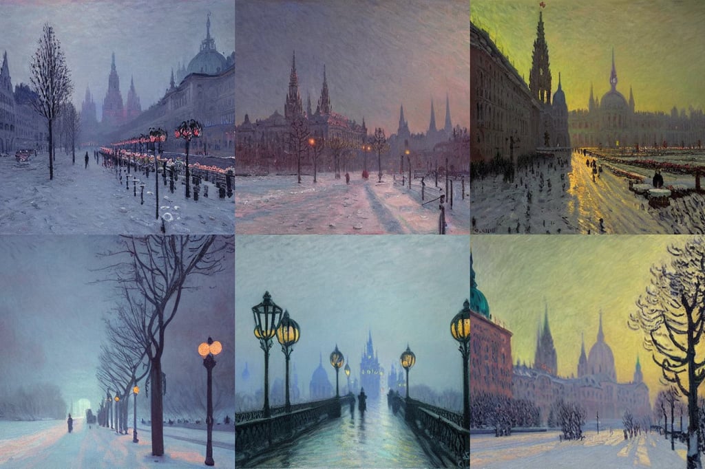 Vienna in winter, dark academia, by Simon Stålenhag and Claude Monet, oil on canvas