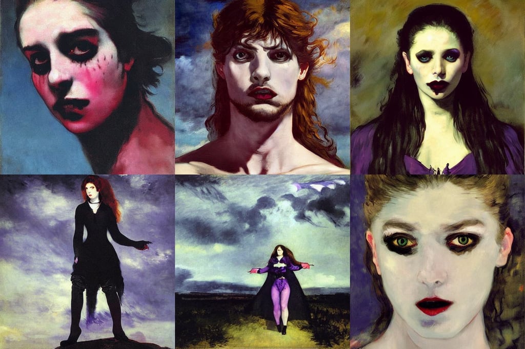 digital art of alluring vampire, full hd render +4k UHD + immense detail + dramatic ligthning + black and purple, art by Gustave Courbet, factory setting, art by Mark Rothko, art by Édouard Manet, insanely detailed, expansive sky, autumn inspired, art by Gerhard Richter, freckles, art by Francis Bacon, art by Paul Cézanne, welding sparks flying, Sharp image, art by Jackson Pollock, wearing a maid outfit + Finely detailed, art by Joan Miró