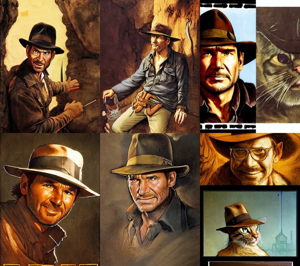 Indiana jones as a cat, art by Rembrandt Van Rijn, CHINESE ink, illustrative, art by Artemisia Gentileschi, backlit, art by Sir Peter Paul Rubens, high octane render;, art by miyazaki and Ian McQue and Akihiko Yoshida and Katsuya Terada