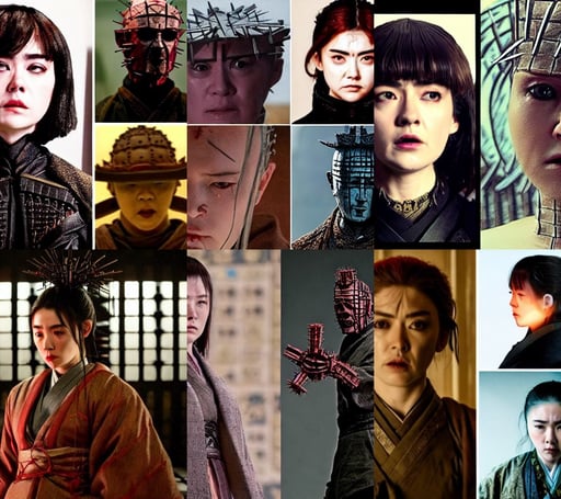 hellraiser pinhead, imogen poots, and intricate, Ni Yuanlu and Toyohara Kunichika, golden eyes, style sekiro