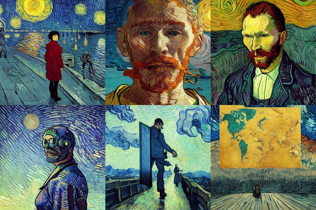 the end of the world by WLOP, smile, art by Vincent Van Gogh, art by Leonardo Da Vinci, art by Henri Matisse, sharp, cyberpunk, art by Marcel Duchamp