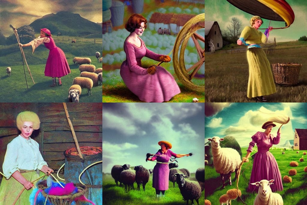 a lady spinning wool on an old sheep farm, hair worn up, # vfxfriday, tired appearance, colorful flat surreal, old retro pulp, colorful prince