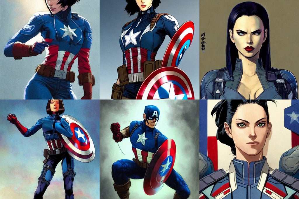 aeon flux as captain america profile picture by Greg Rutkowski, poised, wearing a flannel jacket and blue jeans. by Michael William Kaluta., art by artgerm and greg rutkowski and alphonse muchan, decorated with chinese opera motifs, anh dang