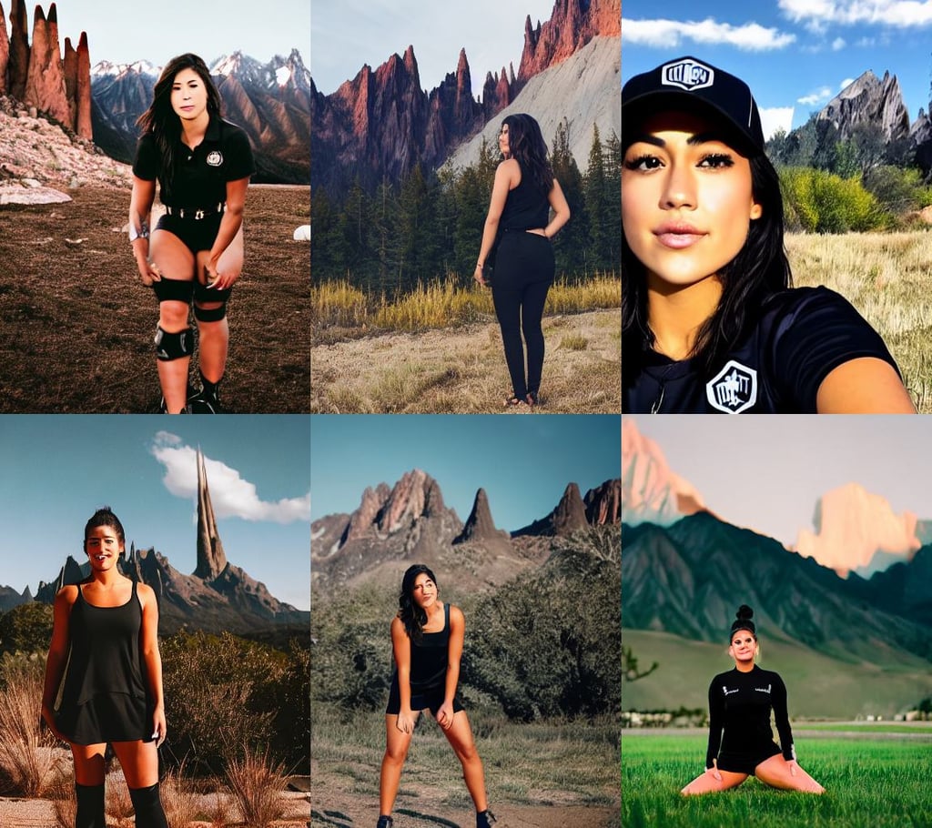 megan batoon, in black uniform, tall spires, dramatic mountains behind, dirt