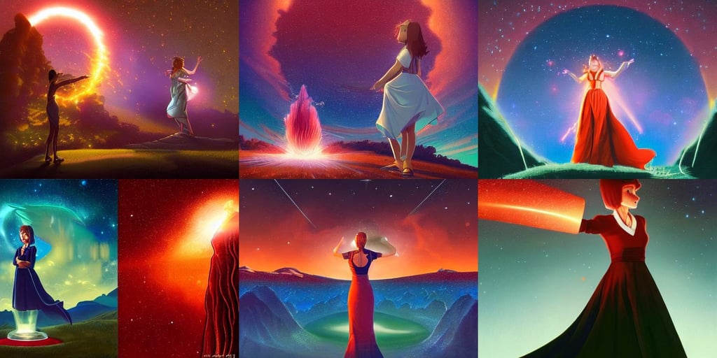 a majestic alchamist night sky, Beeple and Tim Hildebrandt, stunning composition, google images, red orange lighting, instagram photo, a very cute and gorgeous woman wearing a dress made of water, red tie, sharp focus highly detailed, pokemon battle in stadium