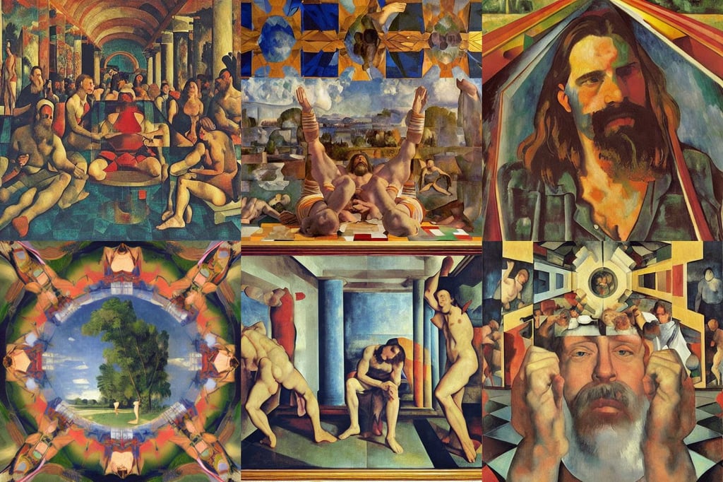 The Dude from The Big Lebowski, art by Nicolas Poussin, view inside a distorted asymmetrical kaleidoscope, American Craftsman Architecture, big arms, art by Mark Rothko, art by Sandro Botticelli, art by Paul Cézanne, art by Gerhard Richter