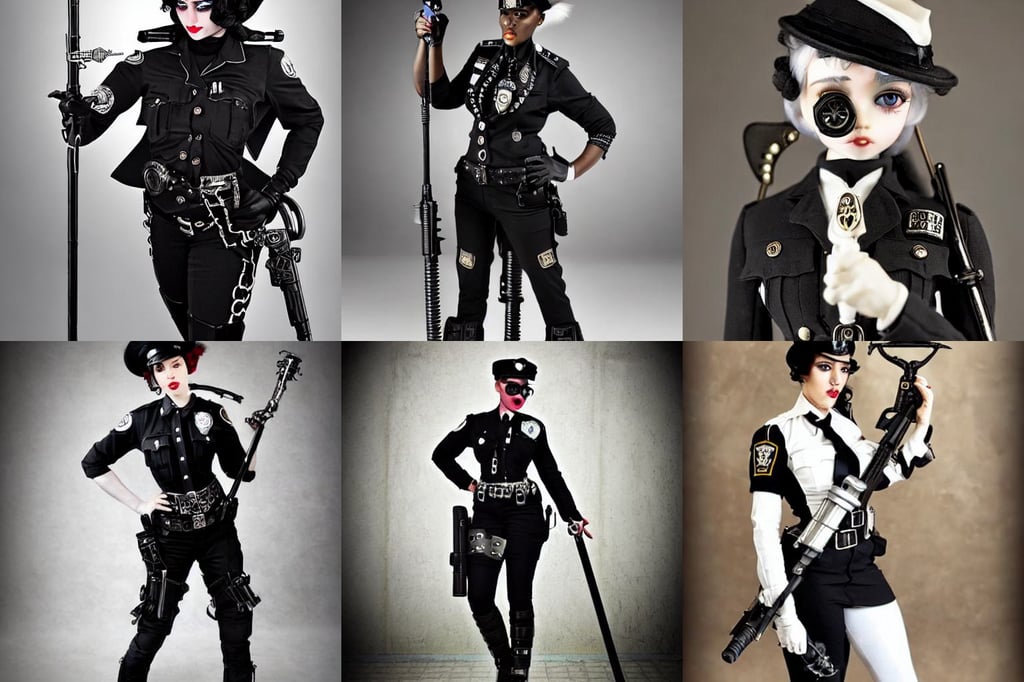 A beautiful young black dieselpunk policewoman || fine-face, heroic wielding ornate mechanical cane pose, Short black hair, beautiful glass bjd white edc clowncore goth madison beer cyborg woman