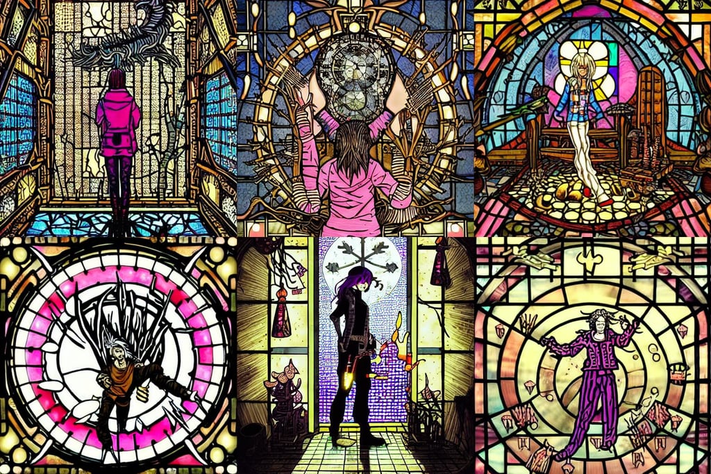 cyberpunk steampunk tiled floor, with white hair shoulder length wavy hair, spines and spikes, french fries levitate in the background and cast holy light, mushroom forest, young man in a pink sweatshirt, and in the style of vanessa lemmen, card frame, in an intricate medieval stained glass moon, Sandra Chevrier and bastien lecouffe deharme