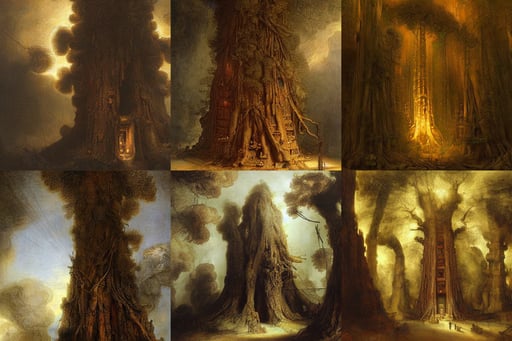 technologically advanced civilization built inside a redwood tree, art by Rembrandt Van Rijn