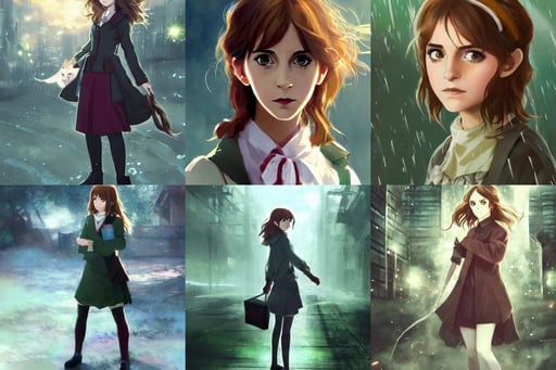 Anime as Emma Watson playing Hermione Granger || cute-fine-face, ground-level view, green mist, sixteen-dimensional, outside entrance to a futuristic megapolis, a beautiful girl who fights for her life with a cat, wlop artstation, by craig mullins