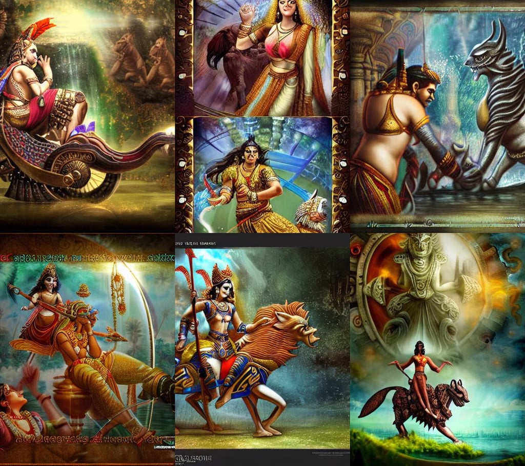 Krishana on a chariot with Arjun in the epic battle scene from Mahabharata, lush garden with hot spring between, realistic refraction, yugioh card game art, digital art trending on artstation, and Heraldo Ortega, by Leonardo DaVinci, bioshock big daddy, sharp centred focus, james bama, griffin chicogriff hybrid monster, accompanied by a wolf dog, ruggedly handsome bearded man holding corgi dog, artwork by Chiho Aoshima, ray tracing smooth, a spiral magical wizard staff. bright art masterpiece artstation. 8k