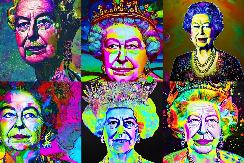 An extremely psychedelic portrait of Queen Elizabeth, splattered paint, nature by asher brown durand, by john jude palencar, all illuminated by the moon light, night lighting from streetlights, fitted black leather uniform, far shot, hyper detailed digital matte painting, soft Chinese bridge contour far in the background, unmasked, head - to - toe, asymmetrical, beautiful award winning macro photography