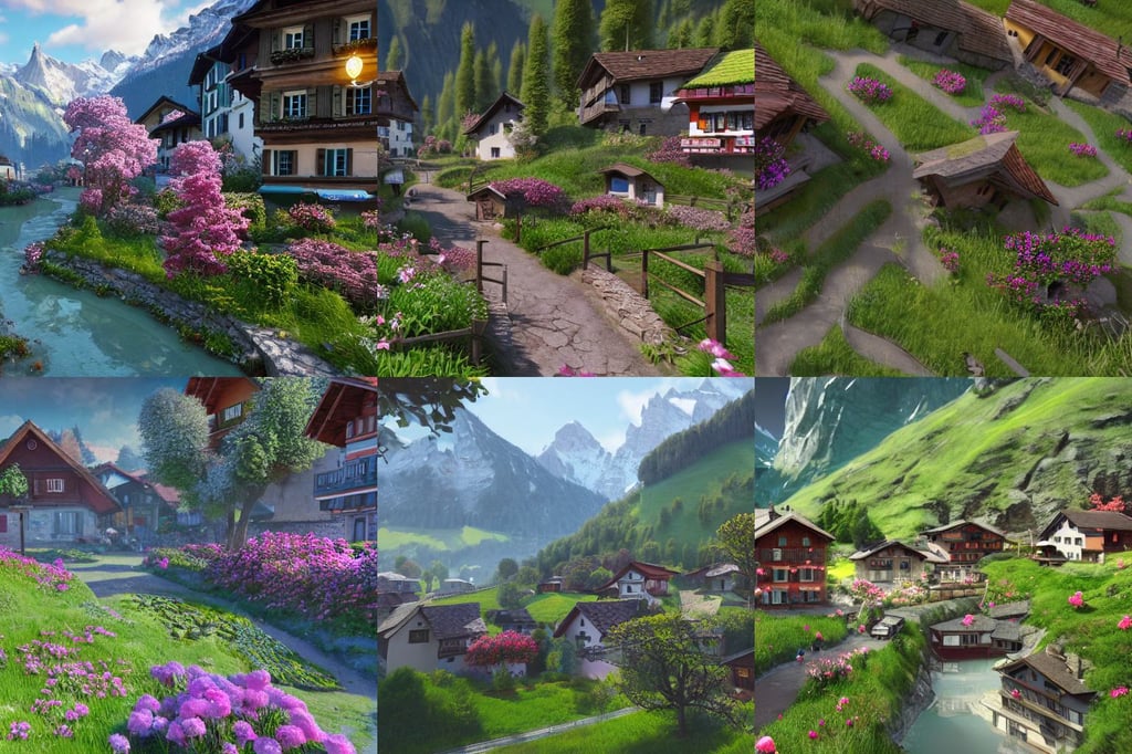 spring in a village in the swiss alps, with a trend for cyber punk, d&d vibe, houdini sidefx, concept art 8 k resolution, by Ghibli Studios, disney pixar