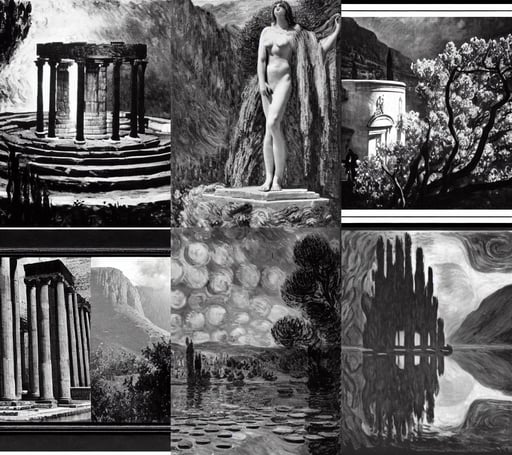 The oracle of Delphi by Claude Monet and Ansel Adams, black and white photo