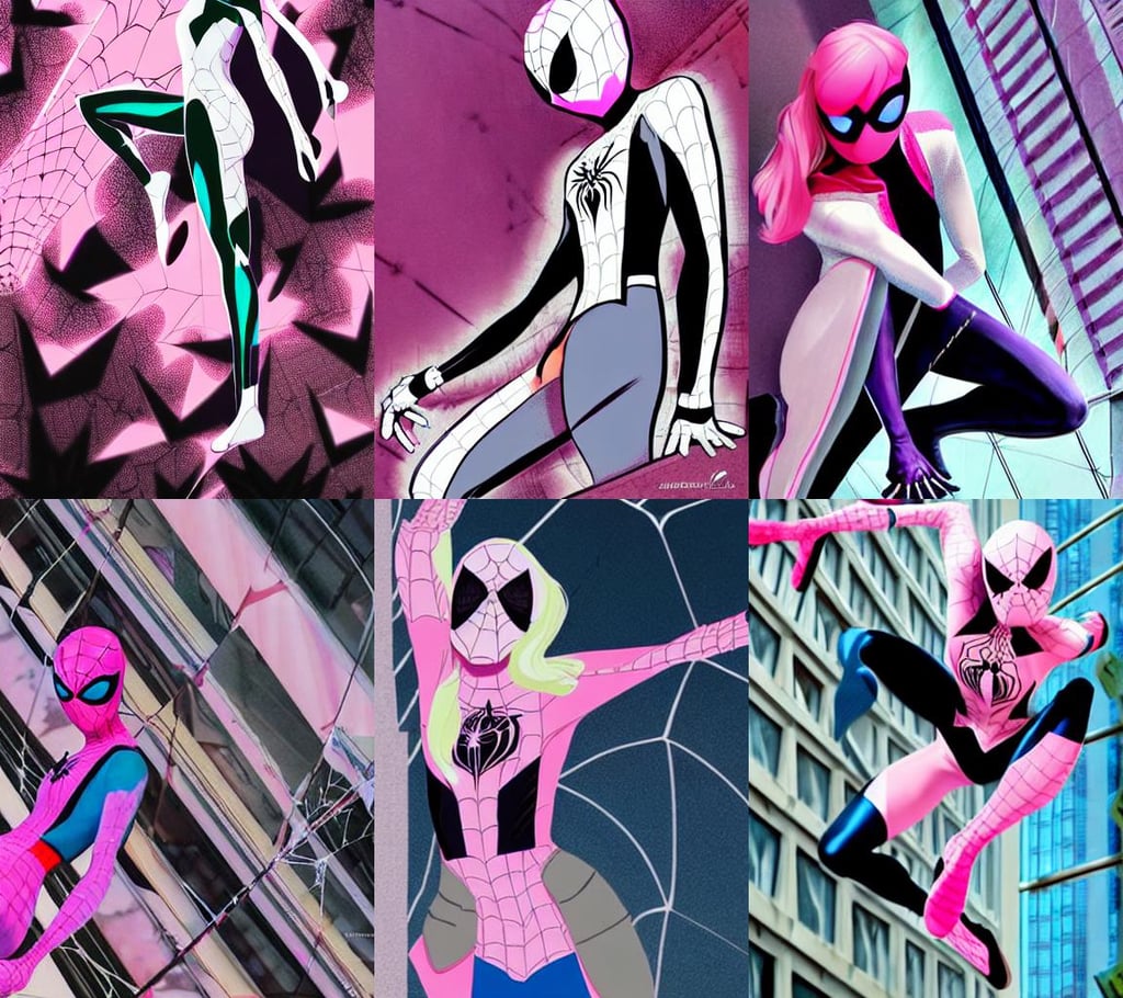 Spider-Gwen Gwen-Stacy Skyscraper Pink White Pink-White Spiderman Photo-realistic 4K, art by Michelangelo Buonarroti, art by Domenikos Theotokopoulos, Ultra-HD, real life, art by Hilma Af Klint, Animation Concept Art, art by Nicolas Poussin, art by Eugène Delacroix, coat of arms, by tsutomu nihei, art by Pablo Picasso, Kangol, art by Winslow Homer, mid air jump footwork