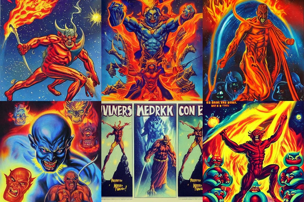 The metaverse versus corporate greed. Concept art, weak demon, monks!!!!!!!!! fire, clean lineart, giddy smirk, {perfect face}, nebula, poster artwork by Basil Gogos