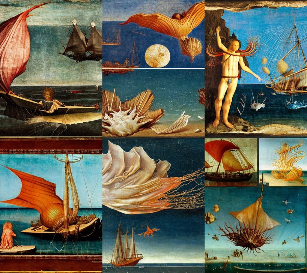 translucent sea creature on the shore, art by Diego Velázquez, micro details, Fantasy Flying ship overhead, art by Jan Van Eyck, opalesence, Houdini-Render, art by Sandro Botticelli, liberty, art by Leonardo Da Vinci, art by Giotto Di Bondone