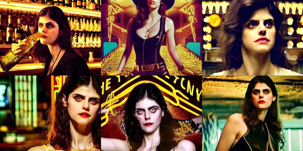 the ivory fields, roses dripping gold coming out of her mouth, synthwave neon retrofuturism, working at an old west saloon serving drinks, alexandra daddario face!