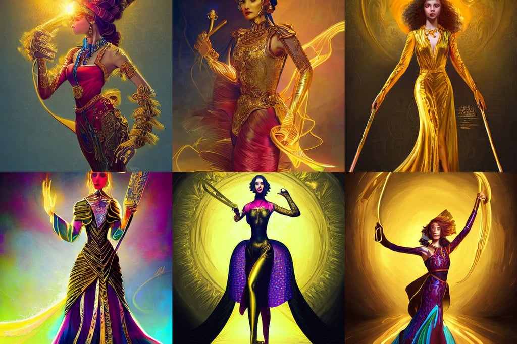 portrait girl in luxurious golden dress holding a ceremonial sword, carbon painting, official, flowing dancing pose. neon, shiny colors, omar, logotype design, by artstation, andrew ferez art, award - winning photograph