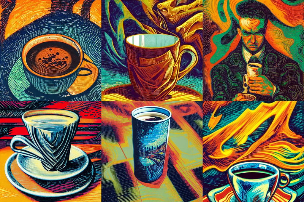 A cup of coffee by Dan Mumford and Umberto Boccioni, oil on canvas