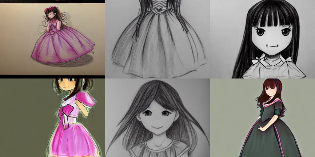 pencil sketch of a kawaii preteen girl in a princess dress, very wide angle, high resolution