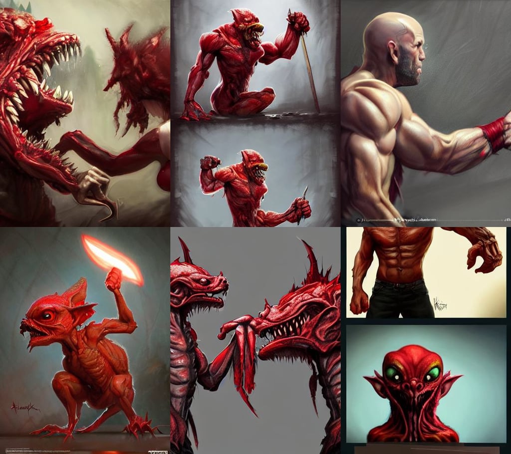 Concept art of an adorable blood gremlin, finely tuned detail, art by artgerm and thomas kinkade, jason statham body by krista sudmalis, arm wrestling, inspired by istvan sandorfi & greg rutkowski & yannoulis chalepas, light curly hair, hyper detailed. octane render. concept art. trending on artstation.