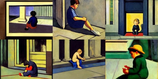 little boy sitting on the pavement, Animation Concept Ar..., art by Edward Hopper, movie poster art, surreal, De-Noise, art by Francisco De Goya, art by Paolo Uccello, Full body image, art by Paul Cézanne, ethereal lights fade from every room, n...