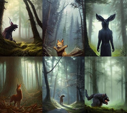 a ominous furry creature with long twisted ears standing in a forest, msterpriece, by greg rutkowski and thomas kinkade and ogura, glass ceilings