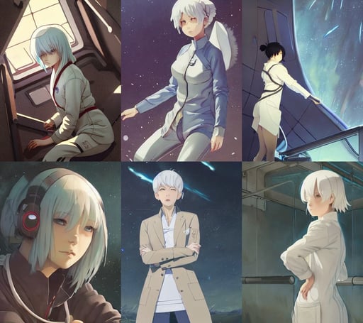 full body shot of curvy female with white hair, space ship nearby, inside view, trending pixiv fanbox by wlop and greg rutkowski and makoto shinkai and studio ghibli, traps, high quality masterpiece painted portrait, hugo pratt, intricate and beautiful and detailed, Japanese raku glaze, mass housing, wearing a labcoat