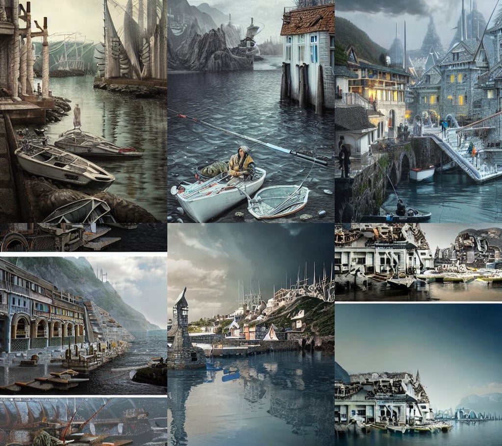 A fishing port near the ocean in a beautiful elven city made of white marble, forced perspective, realistic | by Mark Maggiori, Small houses, giger. cinematic. smooth gradients, awe-inspiring, Christina Ricci, apocalyptic art, no mask. trending at artstation, combat armor, art by tian zi and WLOP and alphonse mucha, art by Artgerm and Greg Rutkowski and Alphonse Mucha and Andree Wallin, an album cover by takashi murakami, style of android jones and makoto shinkai, autumnal, on artstation.