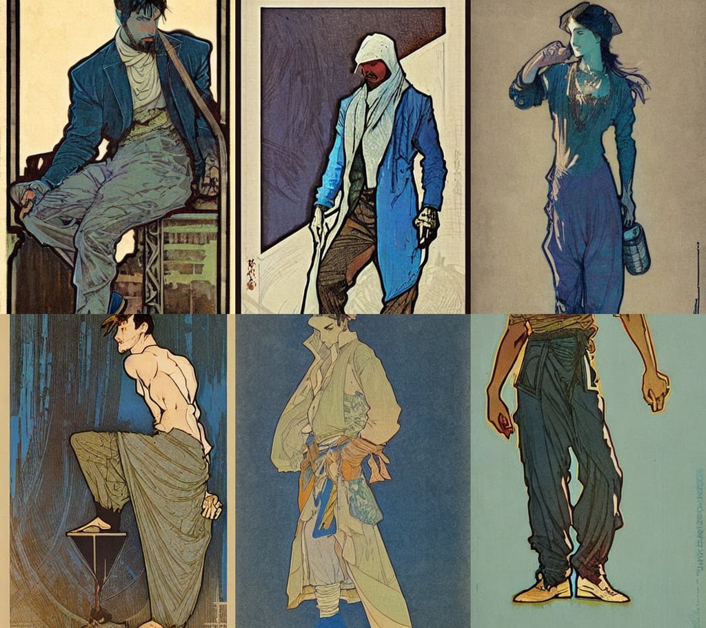 blue woodcut print cartoon, muted tonal colors, large pants. by greg rutkowski and alphonse mucha