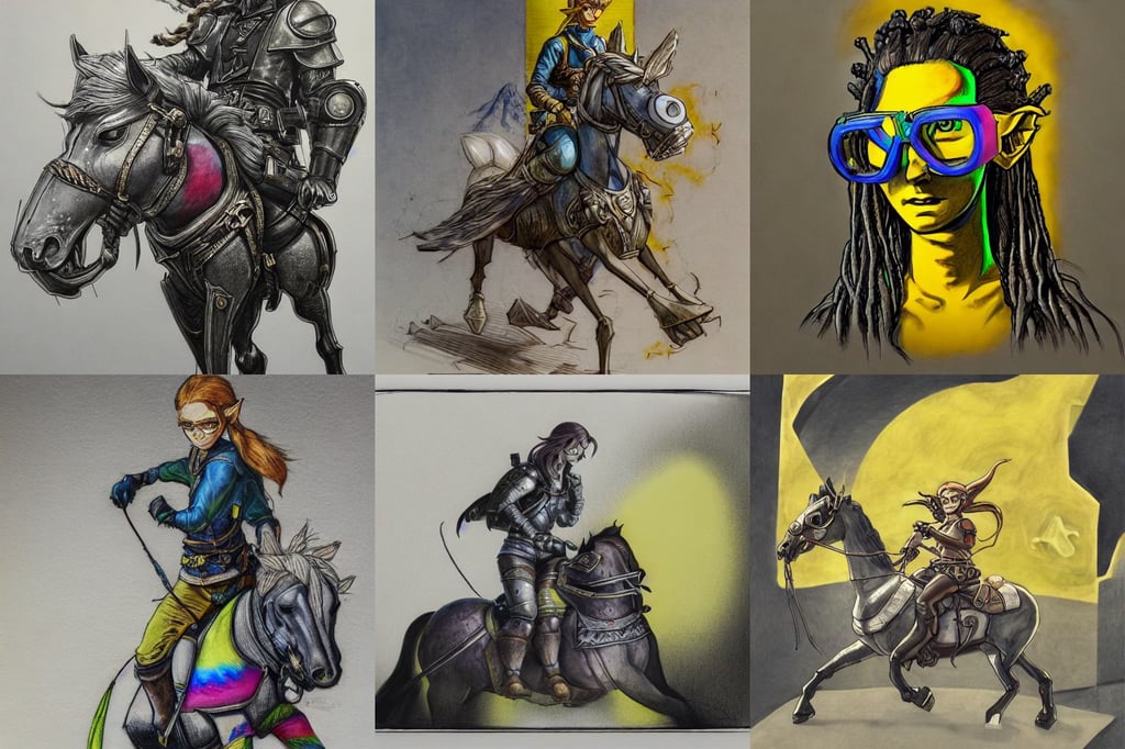 a portrait of zelda, view from afar, large safety glasses, energy, charcoal and little yellow leather, 3d ink art by pixar, face is half human half robot, eugene von guerard - n 9, riding a majestic horse, Hajime Sorayama, triadic chrome shading, leviathan cross, colourful dreadlock breed hair, and sitting in a chair, ilya kuvshinov giuseppe dangelico pino and michael garmash and rob rey, ultra realistic art, safe for work, Midjourney style, vdb