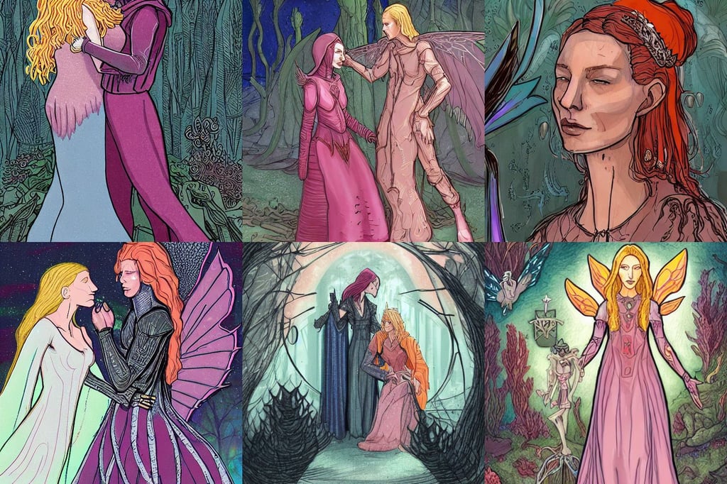 justice from major arcana character concept art, exhausted, dangerous Cate Blanchett's Galadriel as a queen of fairies, coral reefs, 0 6 0 8 wear techwear clothing, pastel pink and orange skin tones, hyper detailed., in background a woman kissing another man under a porch of the house, stipple