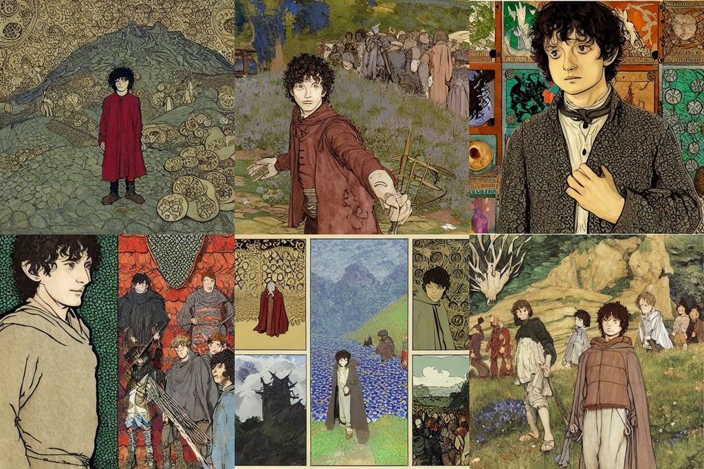 frodo baggins at woodstock, art by Édouard Manet, art by miyazaki and Ian McQue and Akihiko Yoshida and Katsuya Terada, voronoi pattern, in the suburbs, in the Style of Hayou Miyazaki, art by Tommaso Masaccio, medieval heraldry, art by Jan Van Eyck, art by miyazaki and Ian McQue and Akihiko Yoshida and Katsuya Terada, goodness, art by Raffaello Sanzio, Houdini-Render, art by Magdalena Carmen Frida Kahlo Claderón, art by Edward Hopper, art by Winslow Homer, from another world, Full body image