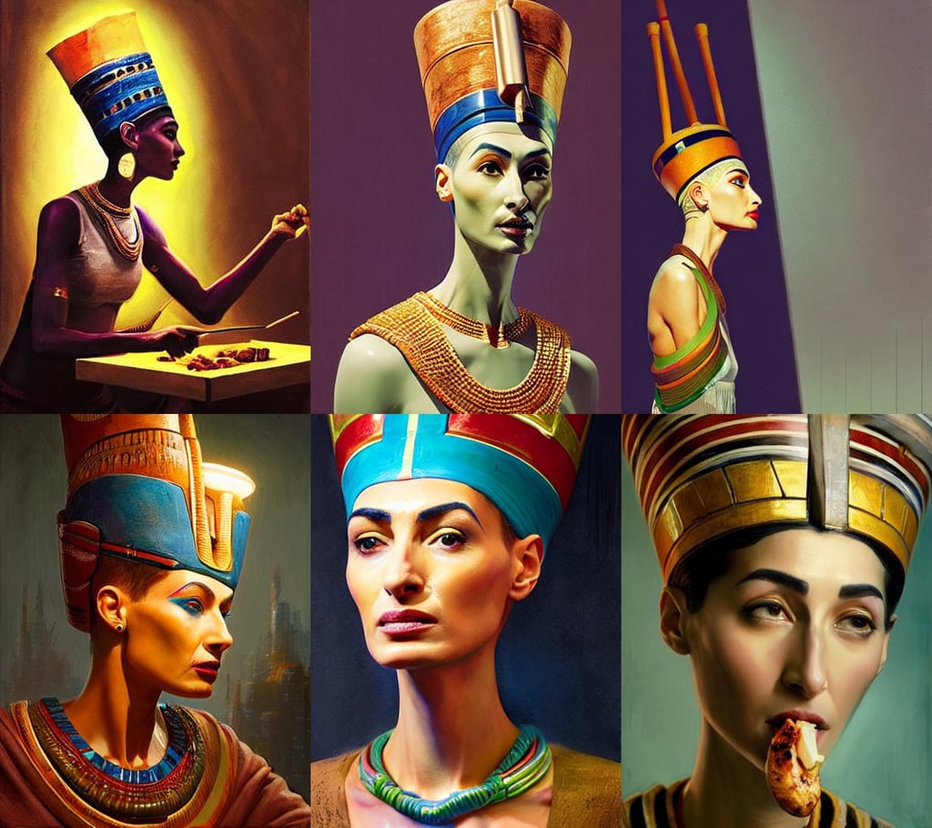 portrait of queen nefertiti eating kabobs, lights coming on, Confident, by ruan jia and mandy jurgens and artgerm and william - adolphe bouguerea, by pendleton ward, in the style of ruan jia and beeple and giger, glorious lighting