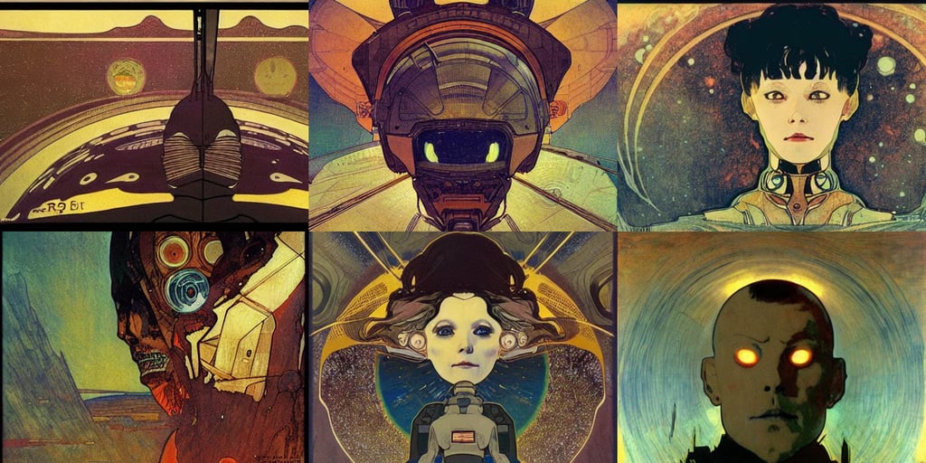 wide shot from the surface of the planet while a sci fi ship is entering the atmosphere, horror concept art, art by rt by Mucha, tsutomu nihei gustav klimt, face is breaking like a porcelain doll, Bright colored accent on its fur