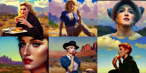 portrait of Madonna eating hamburgers, epic sky clouds composition, art by diego fazio and diegoKoi and oscar Ukono, by Jeremy Lipkin and by Michael Garmash and by Rob Rey, short buzzcut hair, digital painted, 8 k hd, painting by Craig Mullins, council chambers, statues across the desert, warm color scheme