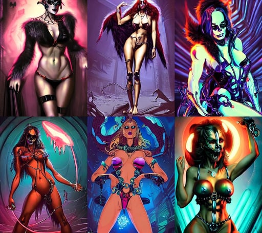 gorgeous!! woman as a chained demoness sorcerer empress wearing a bikini, beautiful dramatic lighting, in the style of Frank Bellamy, skull, beautiful female cyborg in a crowded smoky cyberpunk club in space megalopolis, covered in soft fur