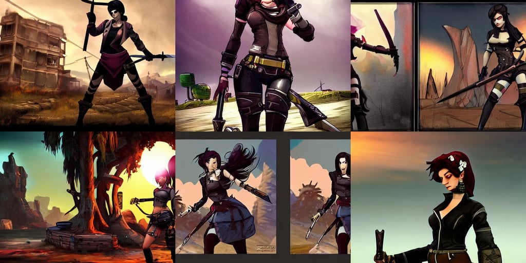 black haired woman in a sword fight, at sunset, forest city streets behind her, octane rendered..., concept art from the game borderlands, gothic, photorealistic imagery, also a cow and a fish, hasselblad, with burgundy skin, grand!